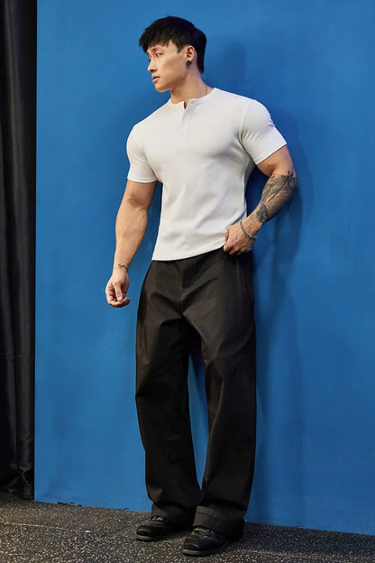 Stretch Ribbed Henley T-Shirt  #BF157