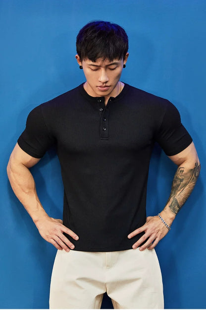 Stretch Ribbed Henley T-Shirt  #BF157