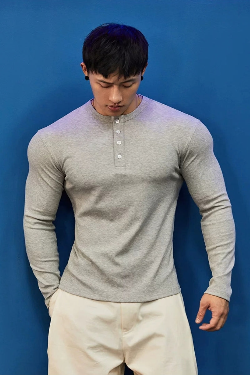 Stretch Ribbed Henley Longsleeve  #BF158