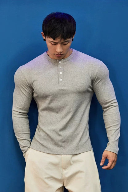 Stretch Ribbed Henley Longsleeve  #BF158