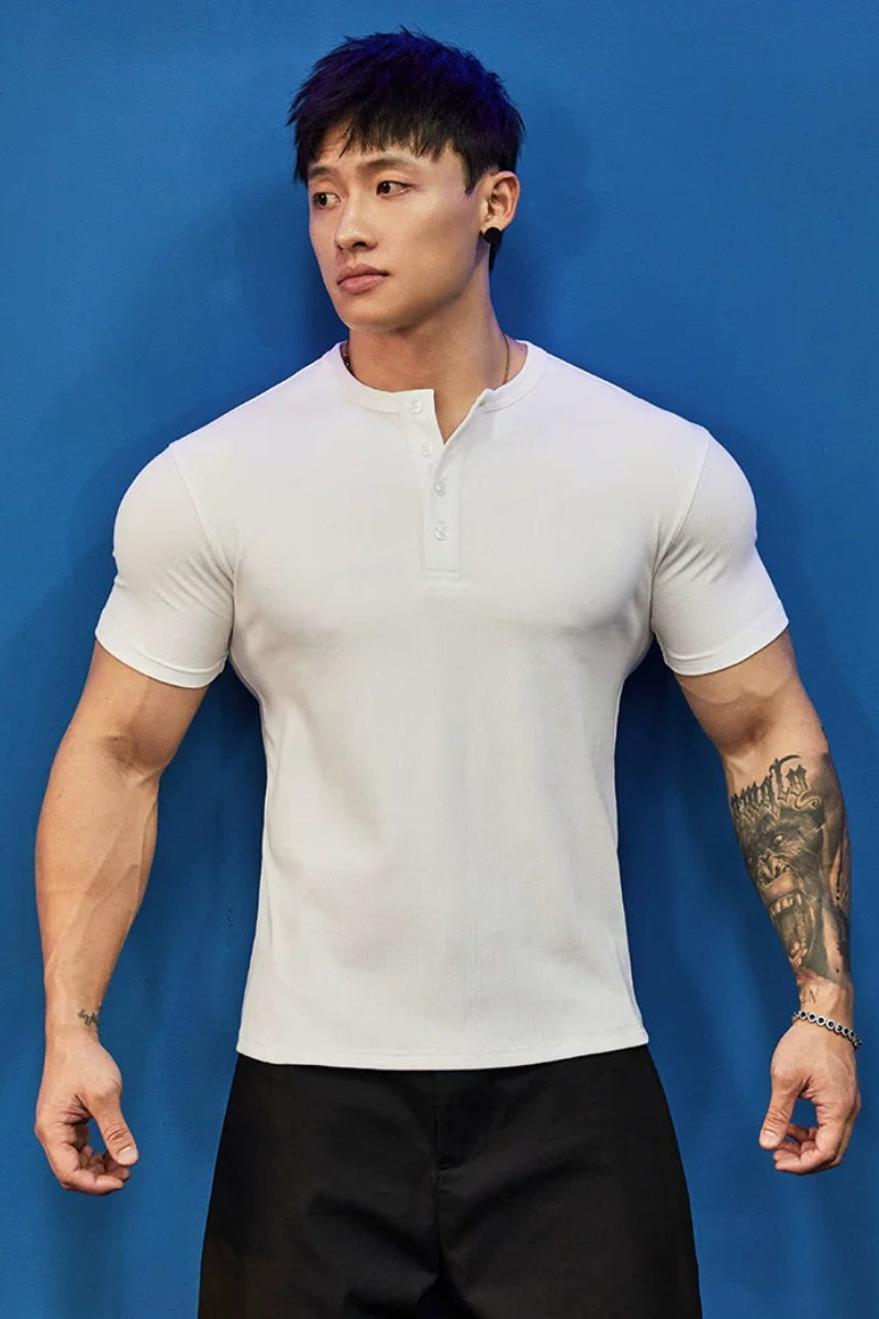 Stretch Ribbed Henley T-Shirt  #BF157
