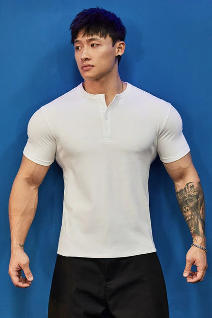 Stretch Ribbed Henley T-Shirt  #BF157
