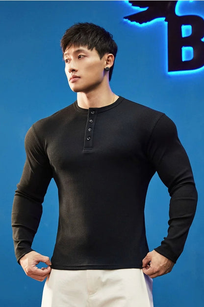 Stretch Ribbed Henley Longsleeve  #BF158