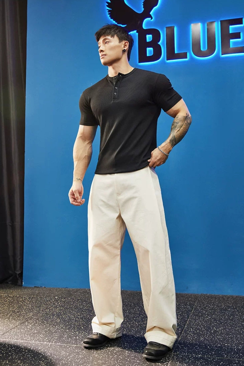 Stretch Ribbed Henley T-Shirt  #BF157