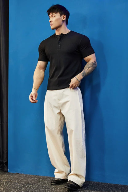 Stretch Ribbed Henley T-Shirt  #BF157