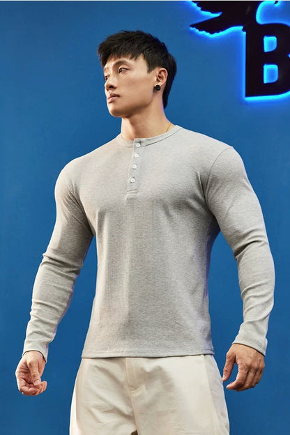 Stretch Ribbed Henley Longsleeve  #BF158