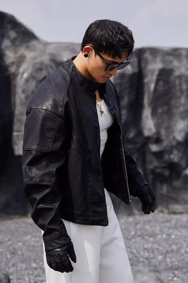 Collarless zipper faux leather jacket  #BF039