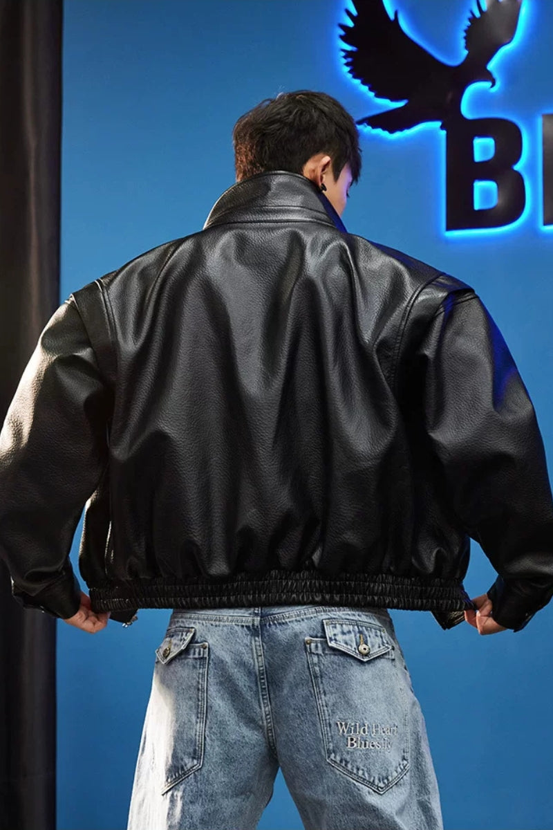 High Collar Faux Leather Blouson  #BF168