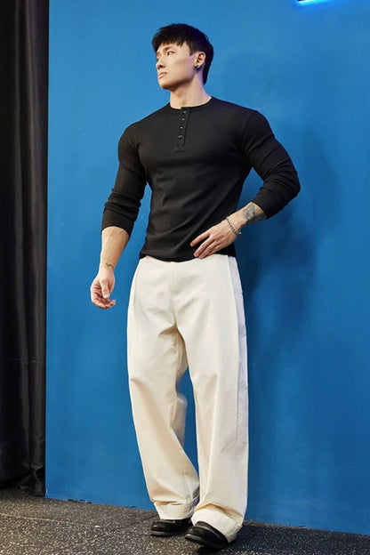 Stretch Ribbed Henley Longsleeve  #BF158