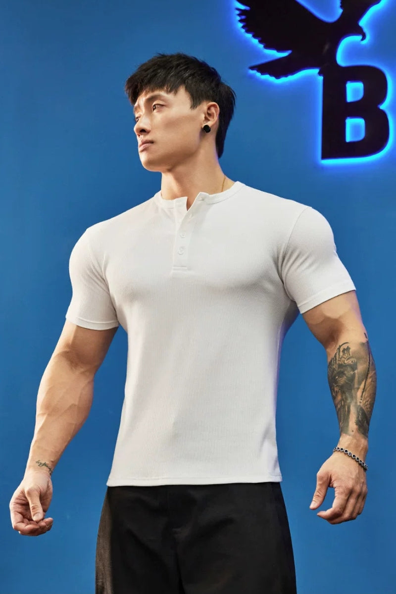 Stretch Ribbed Henley T-Shirt  #BF157