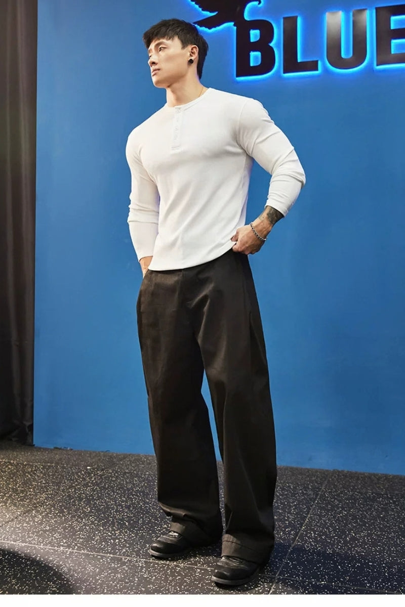 Stretch Ribbed Henley Longsleeve  #BF158