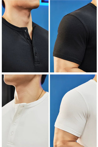 Stretch Ribbed Henley T-Shirt  #BF157