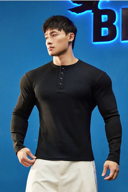 Stretch Ribbed Henley Longsleeve  #BF158