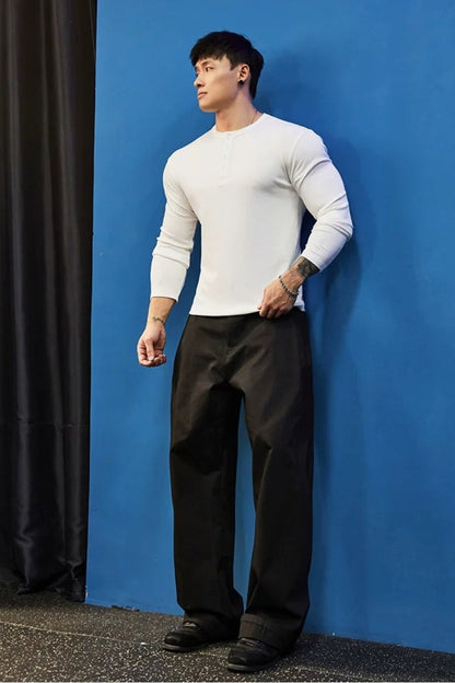 Stretch Ribbed Henley Longsleeve  #BF158