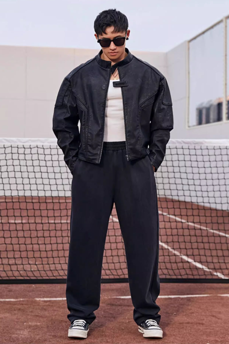 Collarless zipper faux leather jacket #BF039 – Hisoka