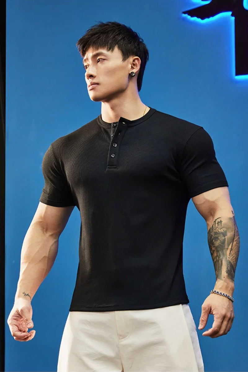 Stretch Ribbed Henley T-Shirt  #BF157