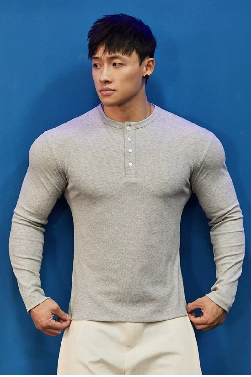 Stretch Ribbed Henley Longsleeve  #BF158
