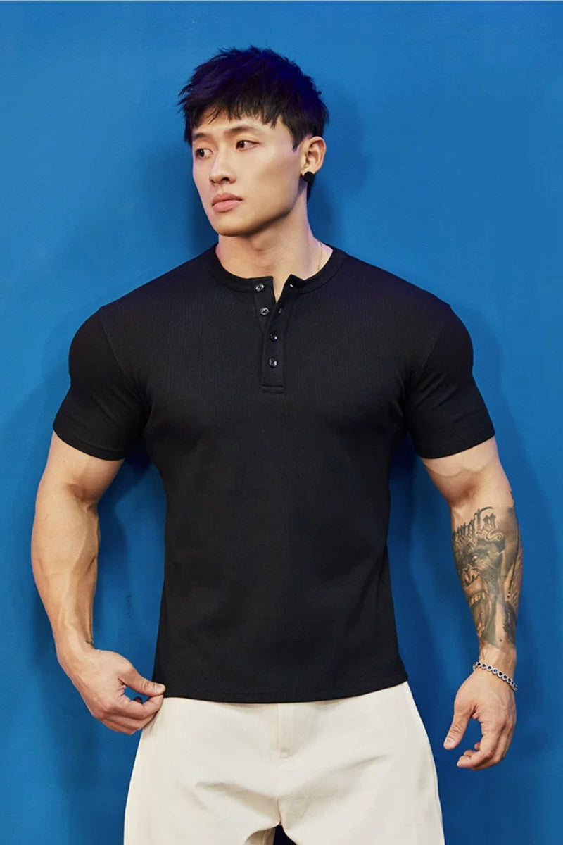 Stretch Ribbed Henley T-Shirt  #BF157