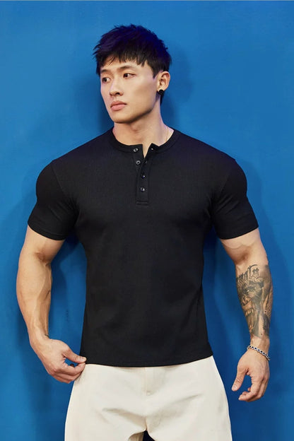 Stretch Ribbed Henley T-Shirt  #BF157