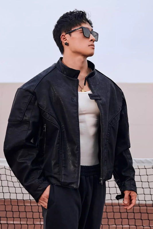 Collarless zipper faux leather jacket  #BF039