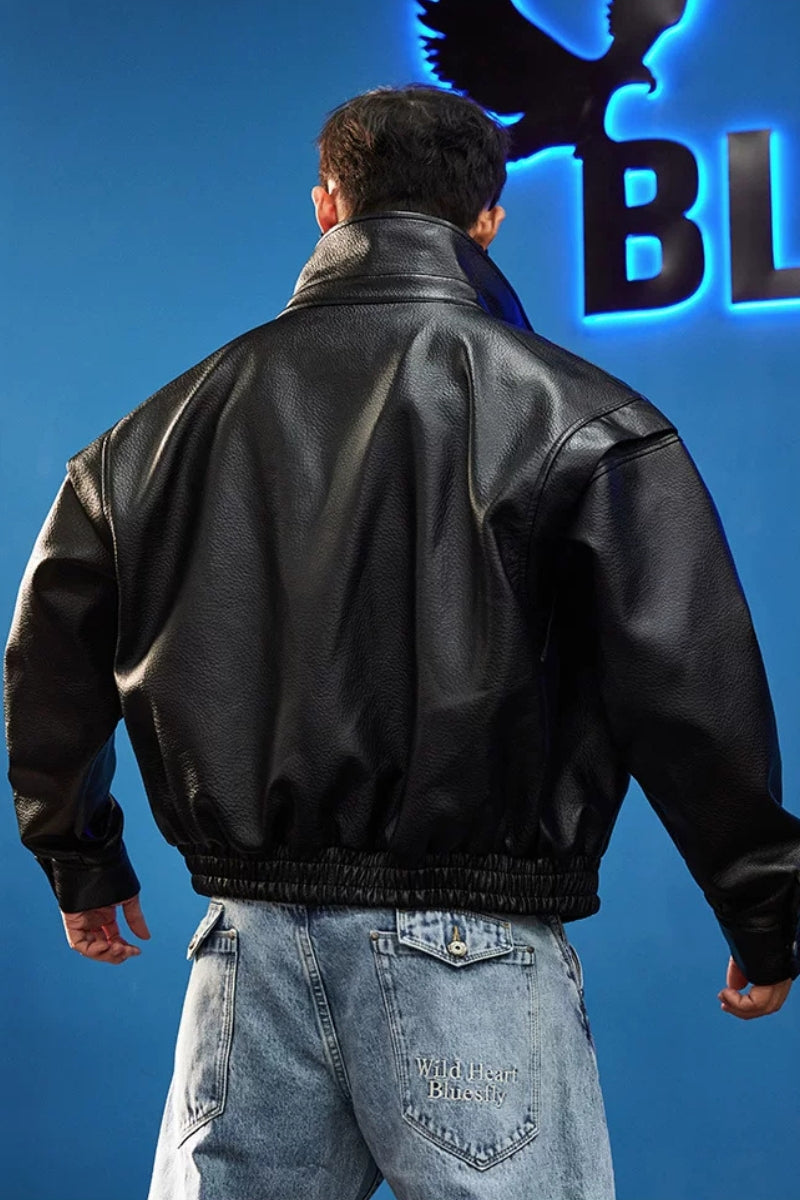 High Collar Faux Leather Blouson  #BF168