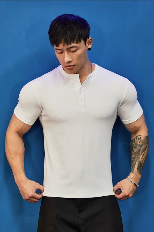 Stretch Ribbed Henley T-Shirt  #BF157