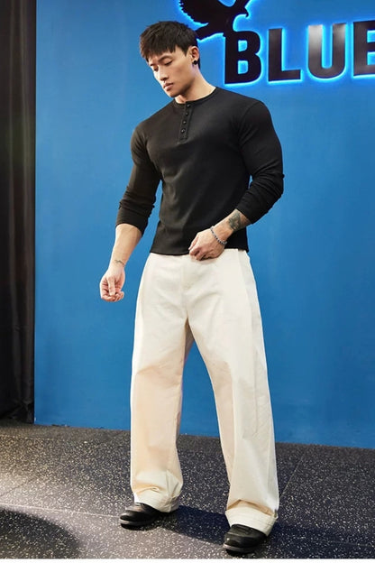 Stretch Ribbed Henley Longsleeve  #BF158