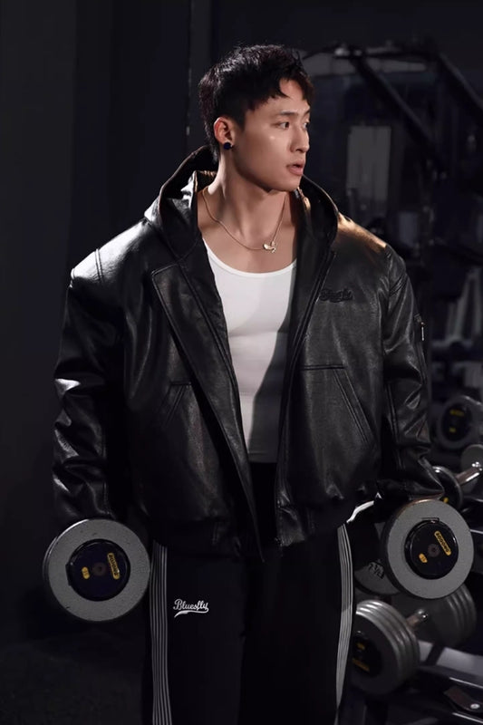 Retro hooded faux leather jacket  #BF025