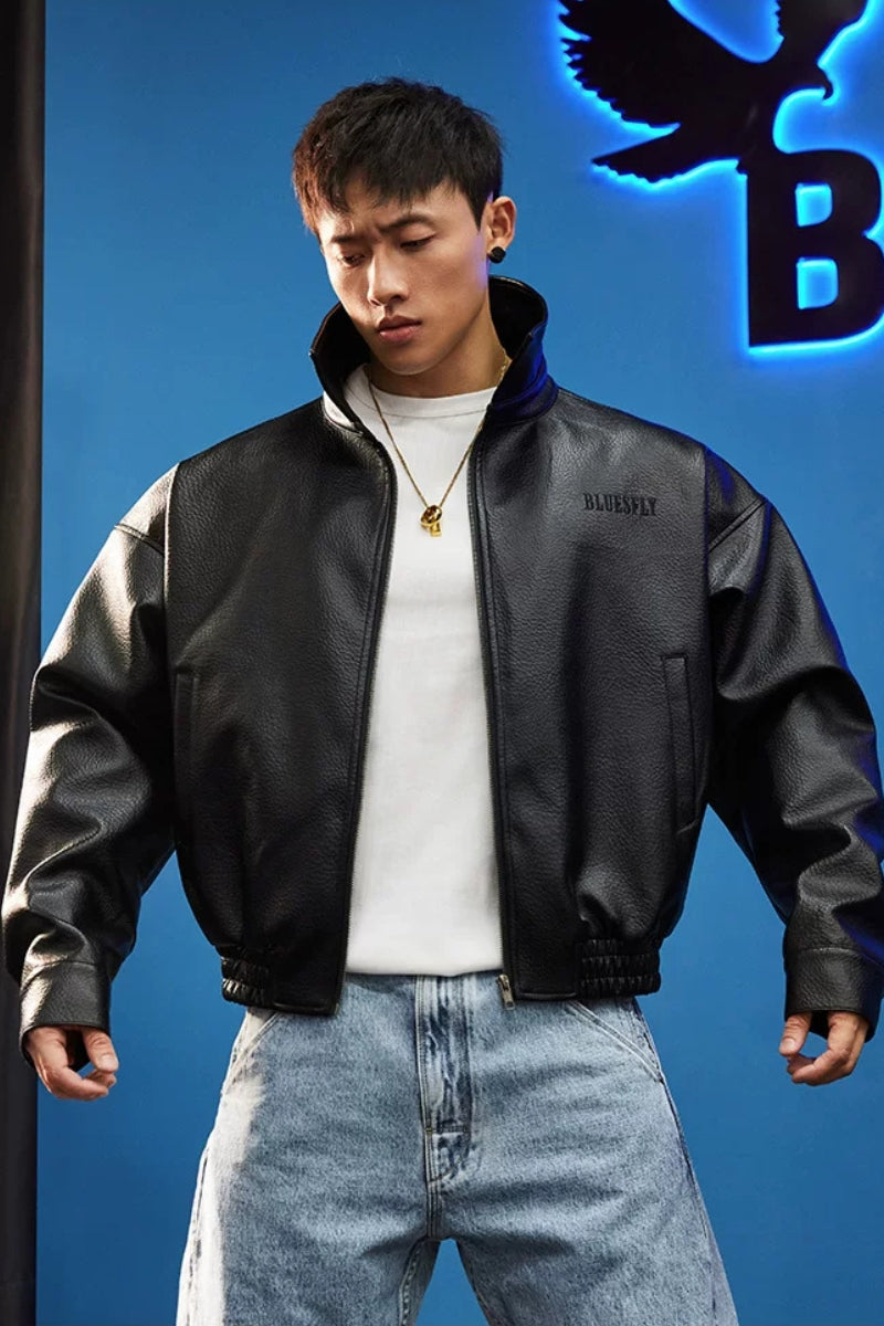 High Collar Faux Leather Blouson  #BF168