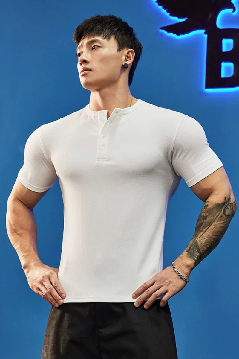 Stretch Ribbed Henley T-Shirt  #BF157