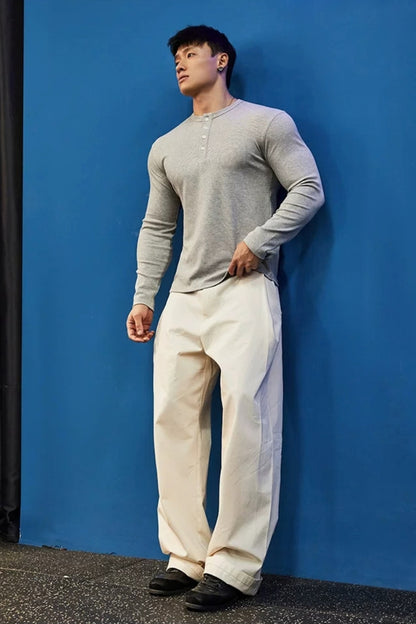 Stretch Ribbed Henley Longsleeve  #BF158