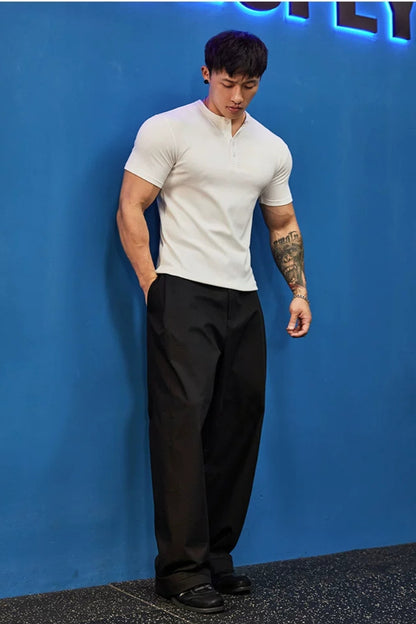 Stretch Ribbed Henley T-Shirt  #BF157