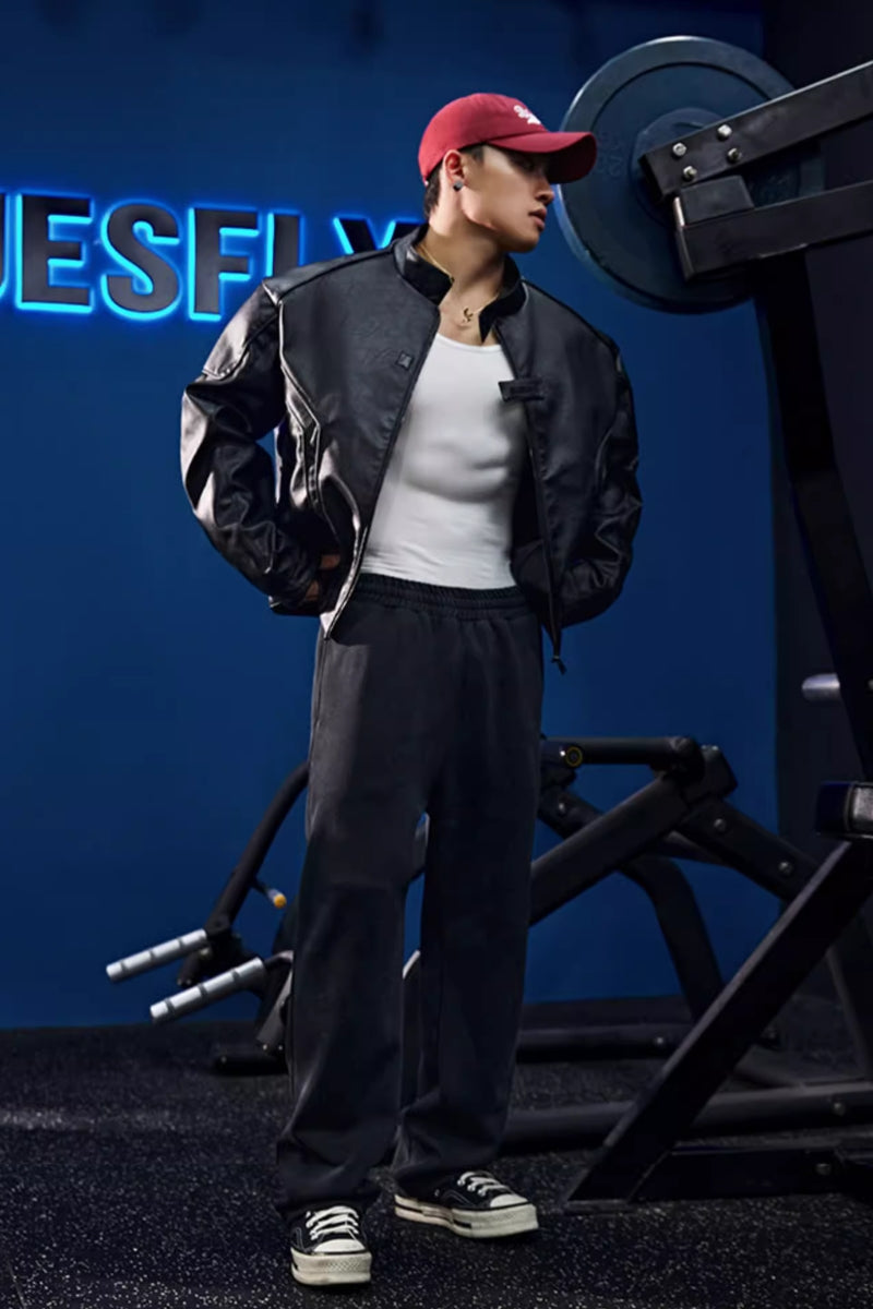 Collarless zipper faux leather jacket #BF039 – Hisoka