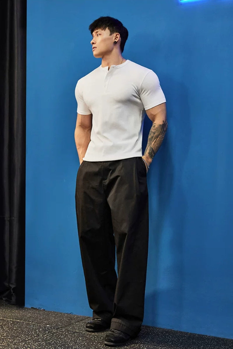 Stretch Ribbed Henley T-Shirt  #BF157