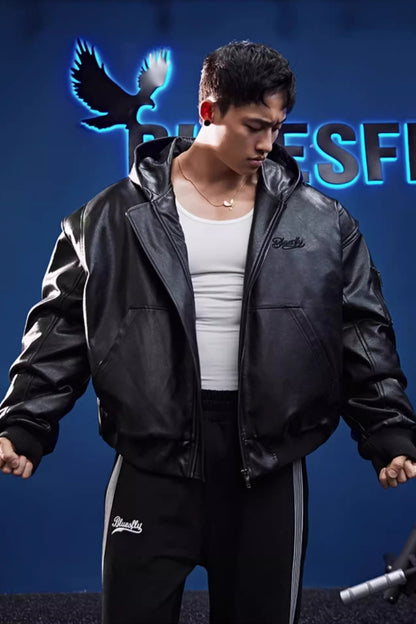 Retro hooded faux leather jacket  #BF025