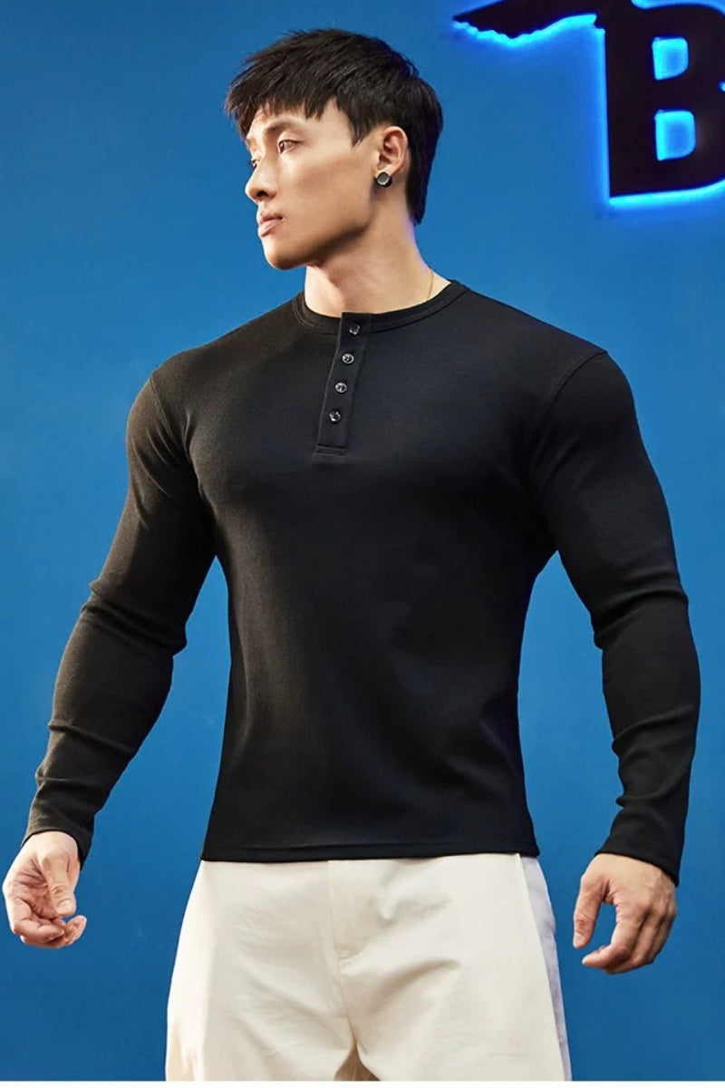 Stretch Ribbed Henley Longsleeve  #BF158