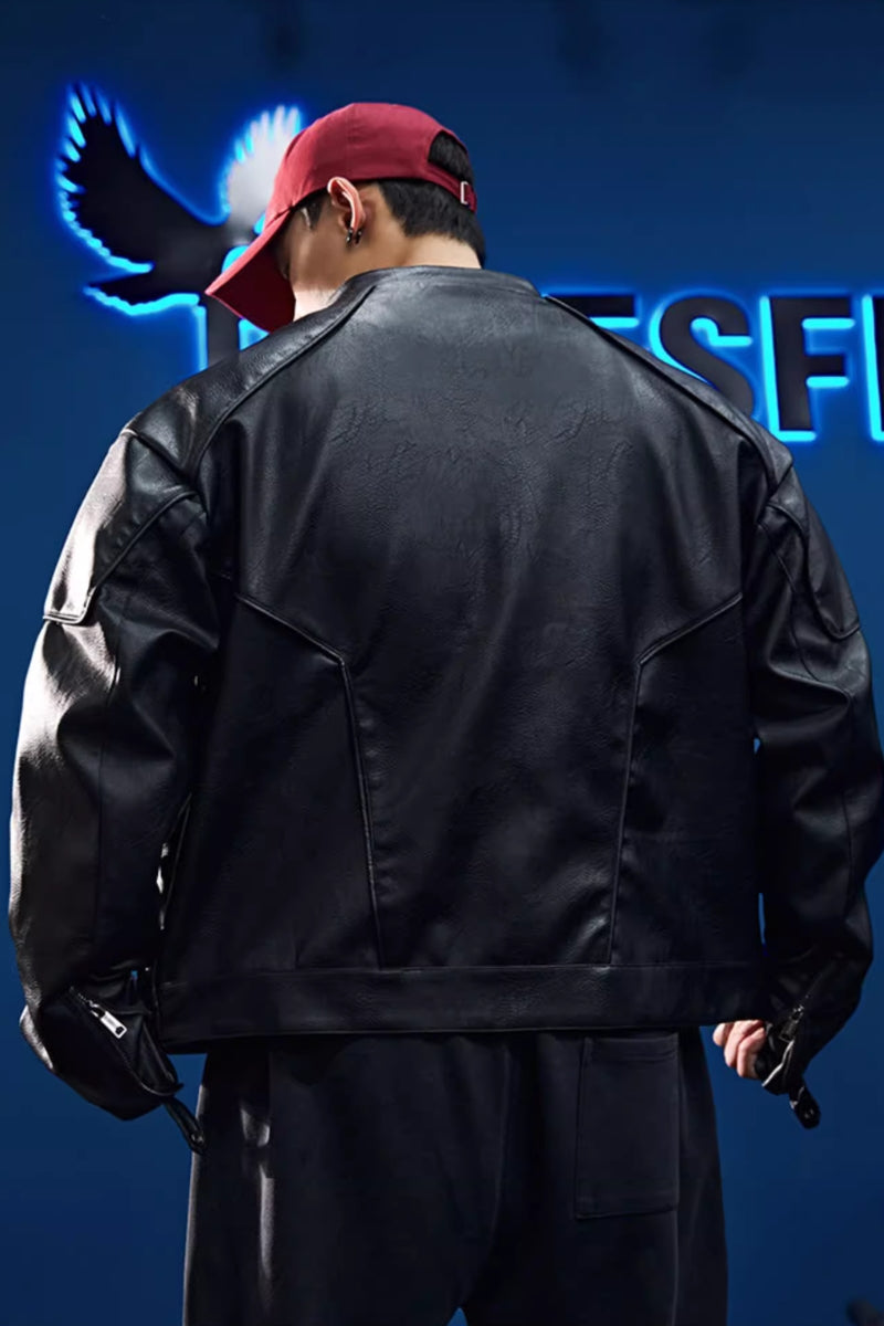 Collarless zipper faux leather jacket  #BF039