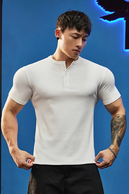 Stretch Ribbed Henley T-Shirt  #BF157