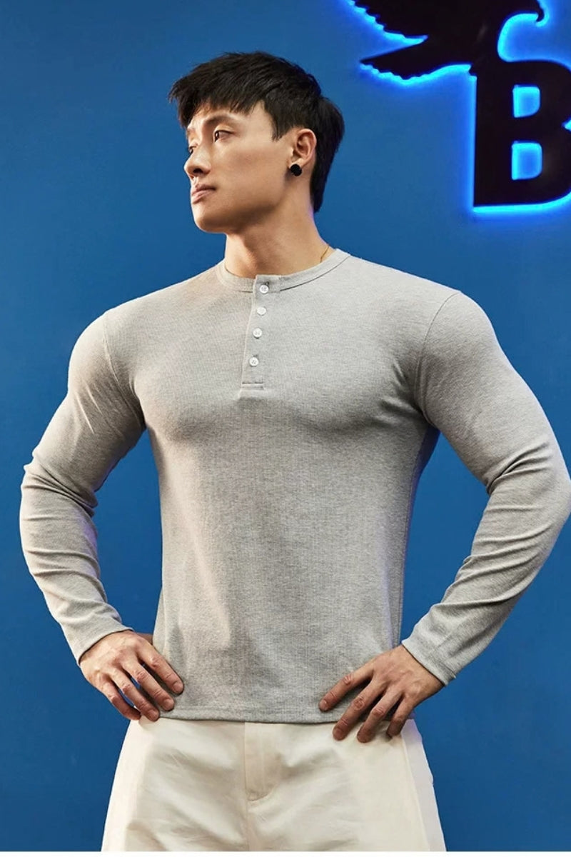 Stretch Ribbed Henley Longsleeve  #BF158