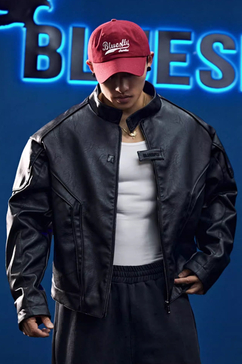 Collarless zipper faux leather jacket #BF039 – Hisoka