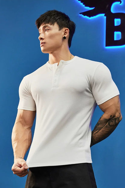 Stretch Ribbed Henley T-Shirt  #BF157