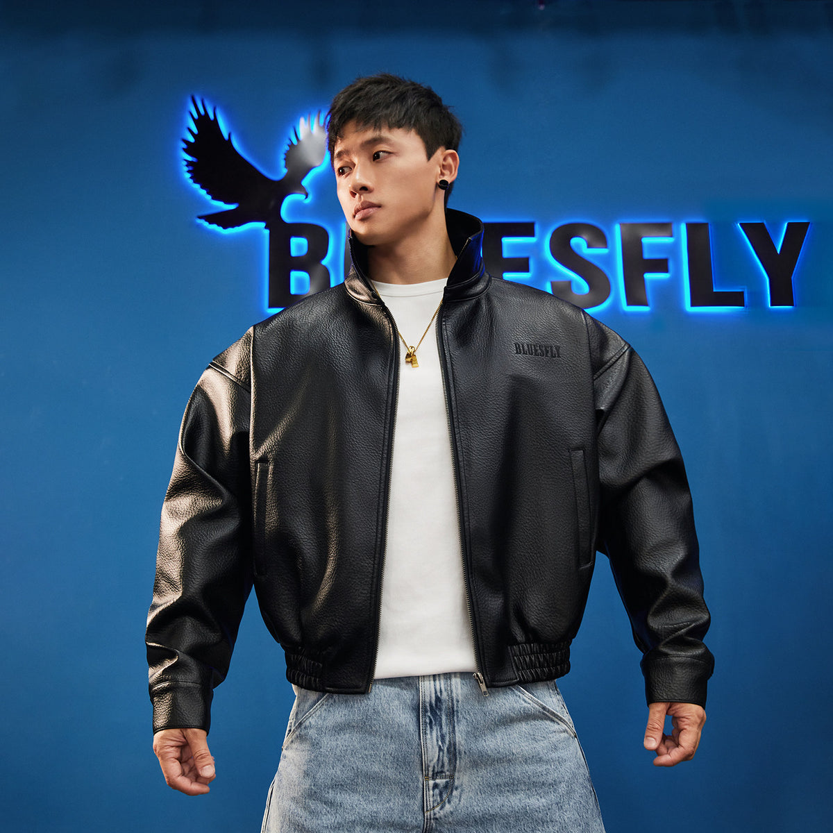 High Collar Faux Leather Blouson  #BF168