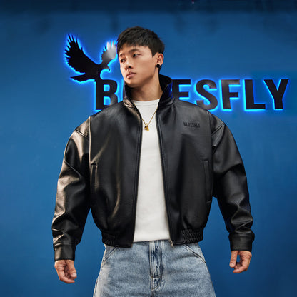 High Collar Faux Leather Blouson  #BF168