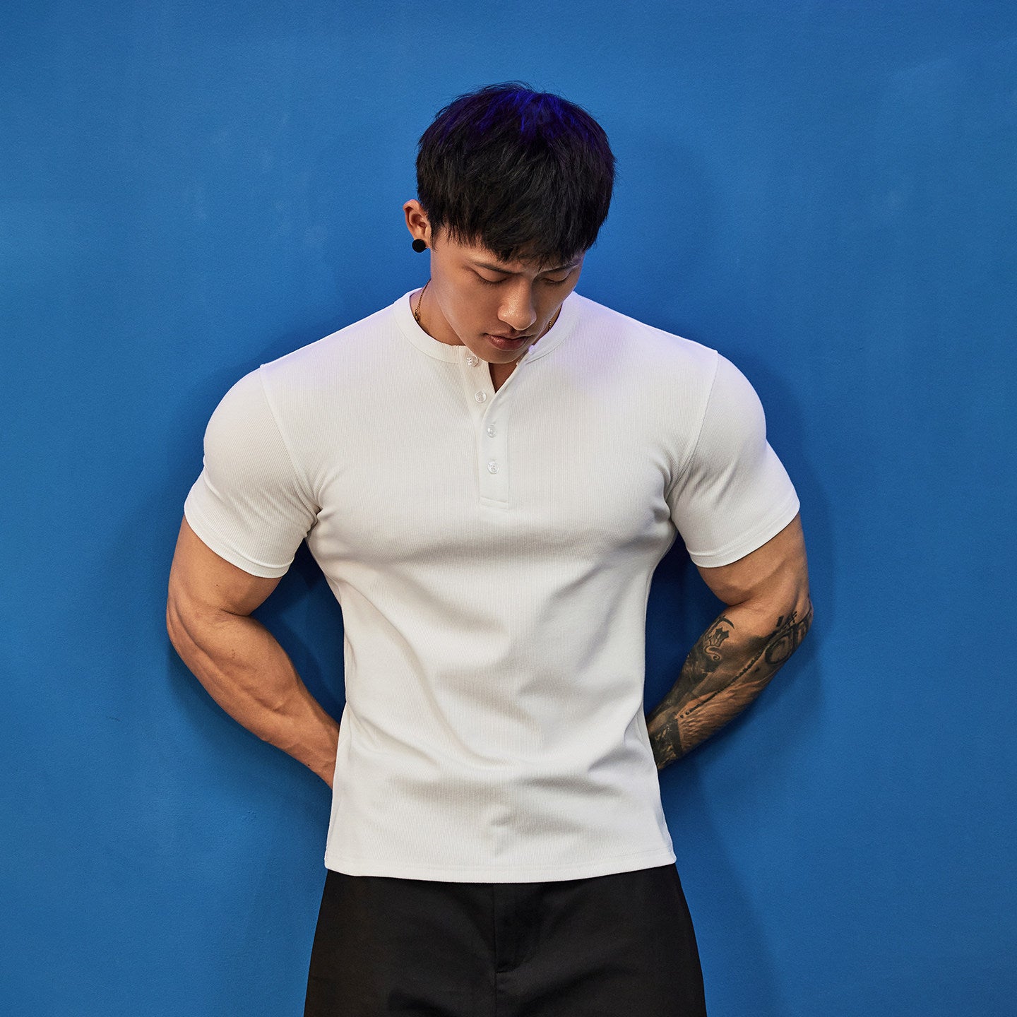 Stretch Ribbed Henley T-Shirt  #BF157