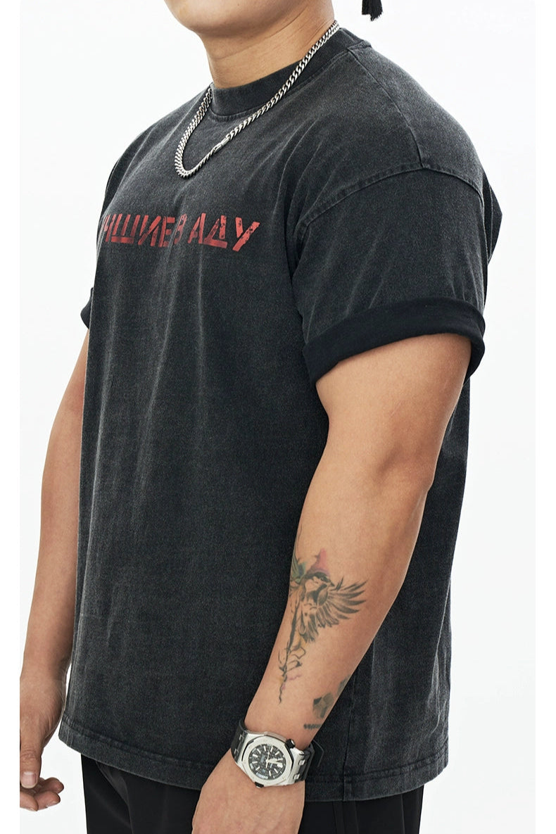 Red Script Washed Muscle T-Shirt  #DH006
