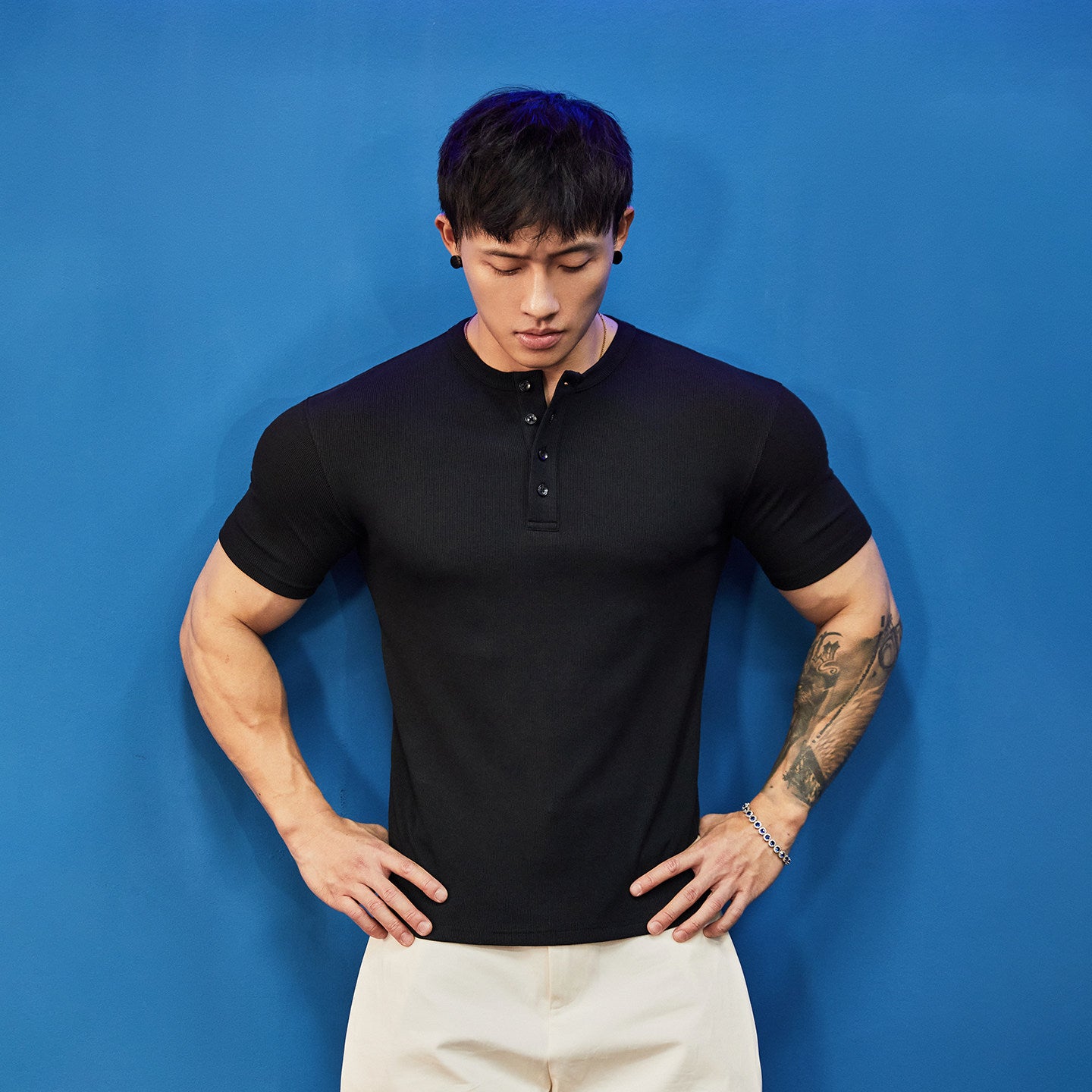 Stretch Ribbed Henley T-Shirt  #BF157
