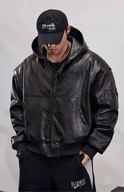 Retro hooded fake leather jacket  #BF025