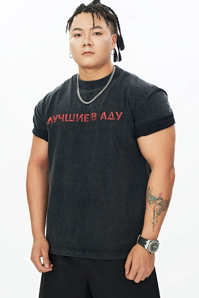 Red Script Washed Muscle T-Shirt  #DH006