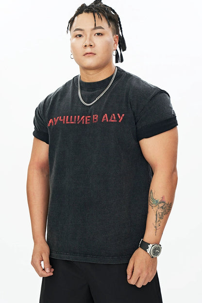 Red Script Washed Muscle T-Shirt  #DH006