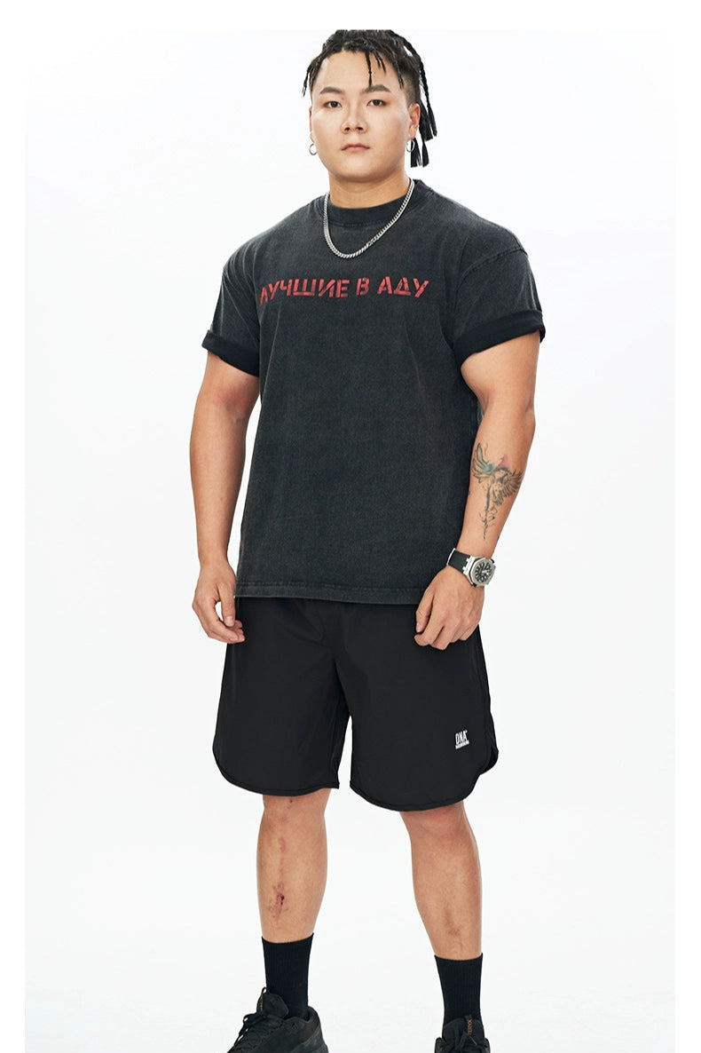 Red Script Washed Muscle T-Shirt  #DH006